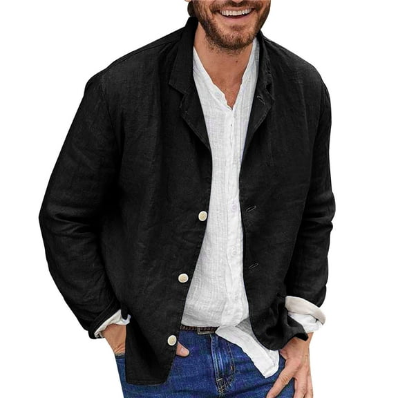 eileial Men's Slim Fitting Linen Jacket Cotton Lightweight Button Blazer Casual Sport Button-Down Coat Lightweight Work Shacket,Black XXXL
