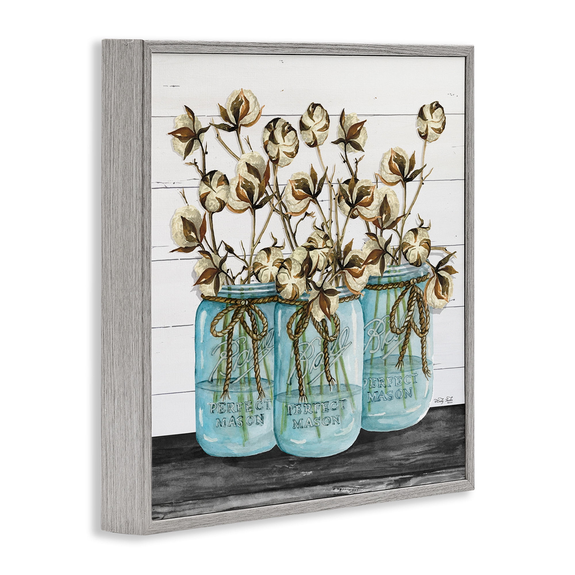 Stupell Industries Cotton in Rustic Jars Botanical & Floral Painting Gray Framed Art Print Wall Art, 17 x 17