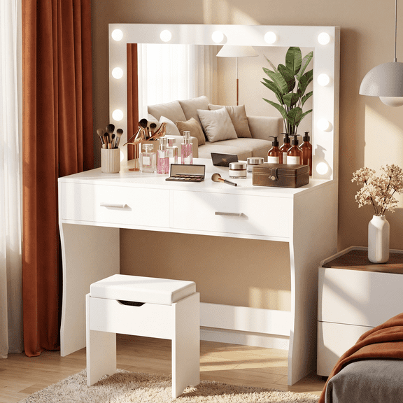 Furmax Makeup Vanity Table Set with Lights and Mirror Vanity Desk with Drawer and Chair, White