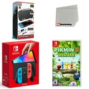 Nintendo Switch OLED Console Neon Red & Blue with Pikmin 3 Deluxe, Accessory Starter Kit and Screen Cleaning Cloth Bundle