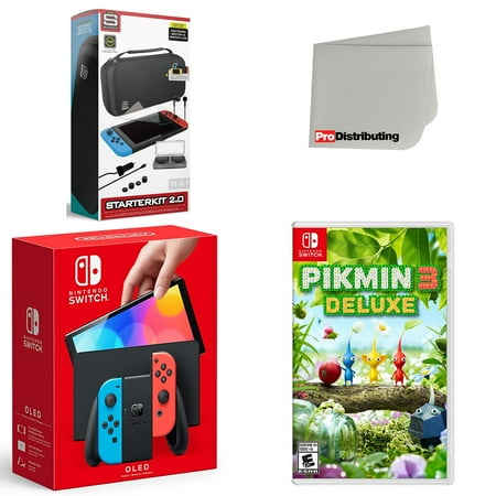 Nintendo Switch OLED Console Neon Red & Blue with Pikmin 3 Deluxe, Accessory Starter Kit and Screen Cleaning Cloth Bundle