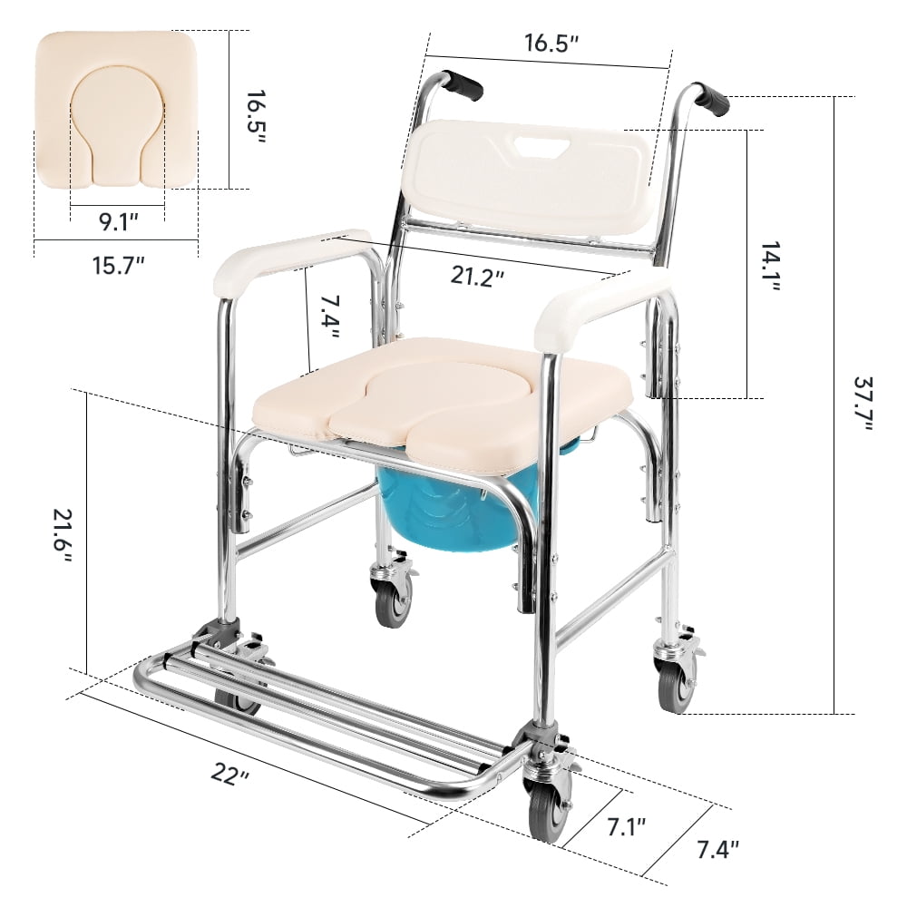Shower Commode Chair with Wheels 4 in 1 Mobility Multi-Functional Rolling Shower Chair with Soft Padded Waterproof Mobile Over Toilet Chair with 4 Braking Casters Safe for Seniors, Injure