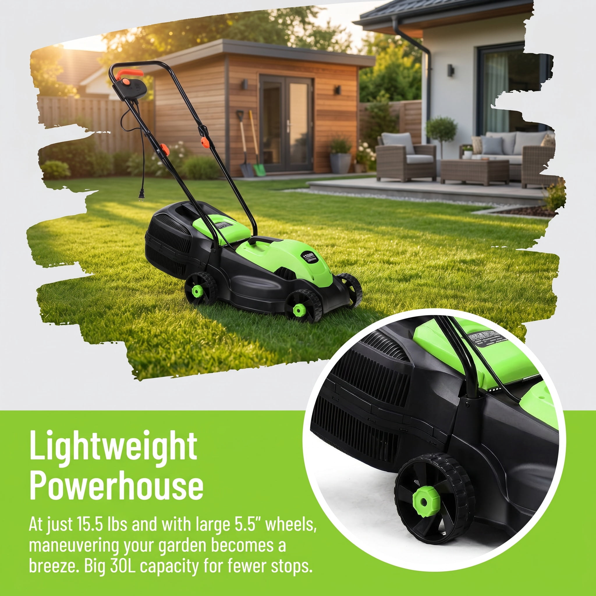 Kadyn 14 Inch 12 Amp Electric Push Corded Lawn Mower with 30L Grass Bag, 3 Adjustable Cutting Heights, Foldable Handle, One-Touch Start, Green