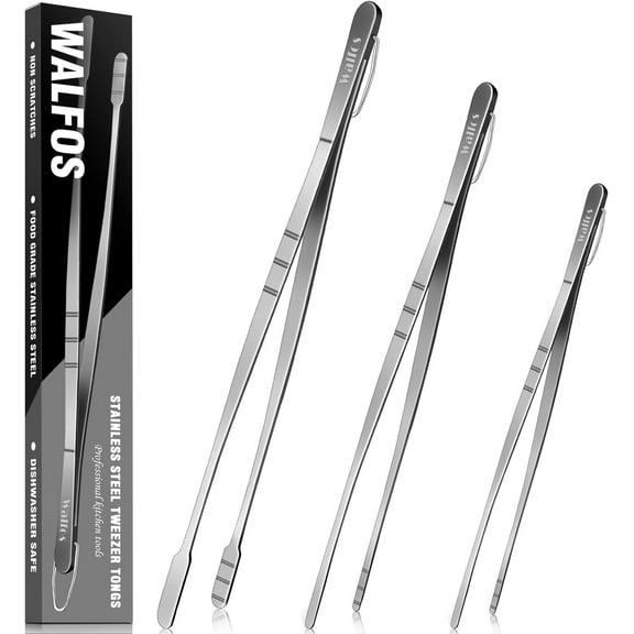 WALFOS Tweezer Tongs for Cooking, Kitchen Tweezers Stainless Steel Pasta Tweezers Tongs for Cooking, Roasting, Grabbing Small Objects, Dessert, BBQ, Spaghetti 3 Pcs (8 10 12-Inch)