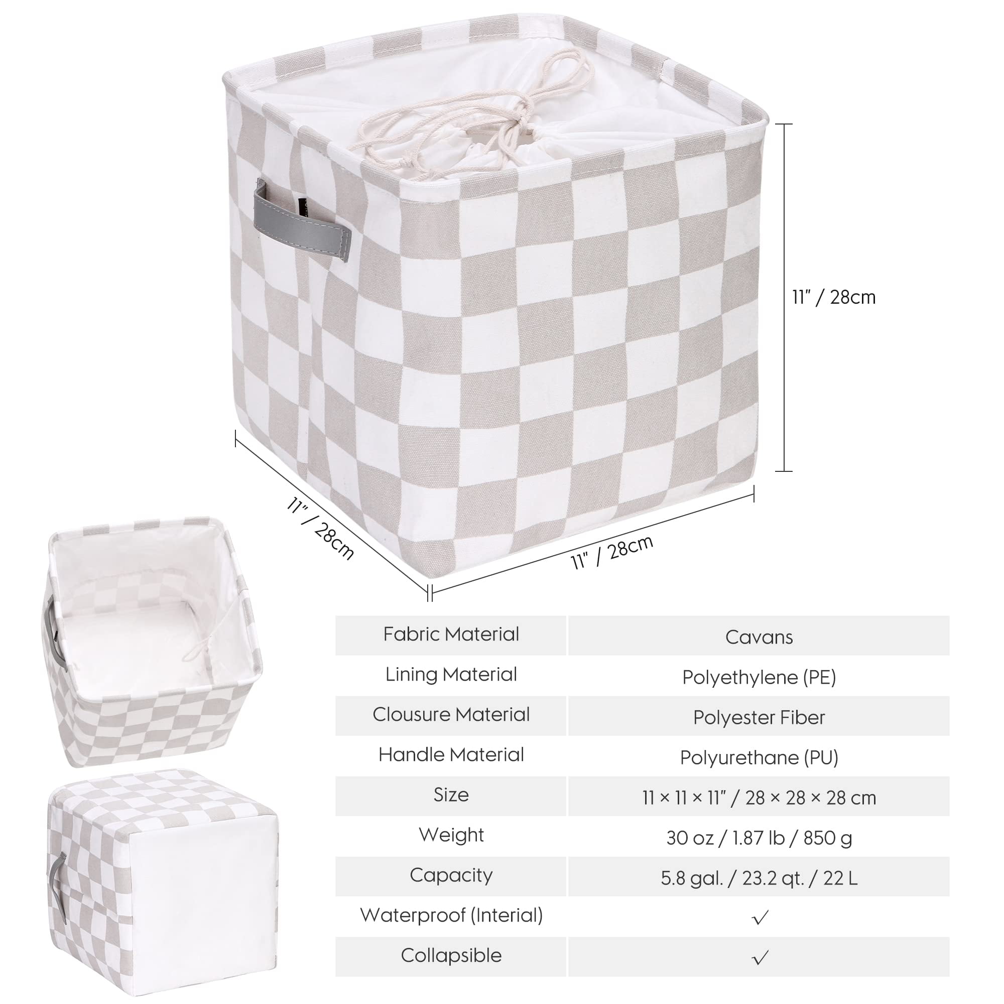 Hinwo 3-Pack Square Organizer Shelf Bins, Canvas Fabric Storage Baskets with Handles & Drawstring Cover, 22L Collapsible Storage Boxes, 11 x 11 x 11 Inches, Grey Checkerboard