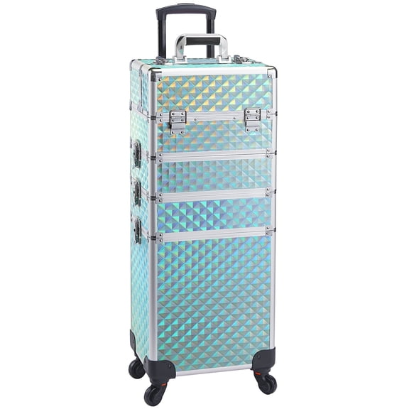 Professional 4 in1 Aluminum Rolling Cosmetic Makeup Train Case Trolley Cosmetology Cart Trunk, Green