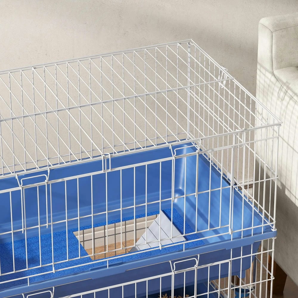 Resenkos 2-Tier Guinea Pig Cage, Ferret Cage, Chinchilla Cage, Small Animal Cage Indoor with Dish and Bottle, 2 Doors, Deep Bottoms, Ramp,Blue