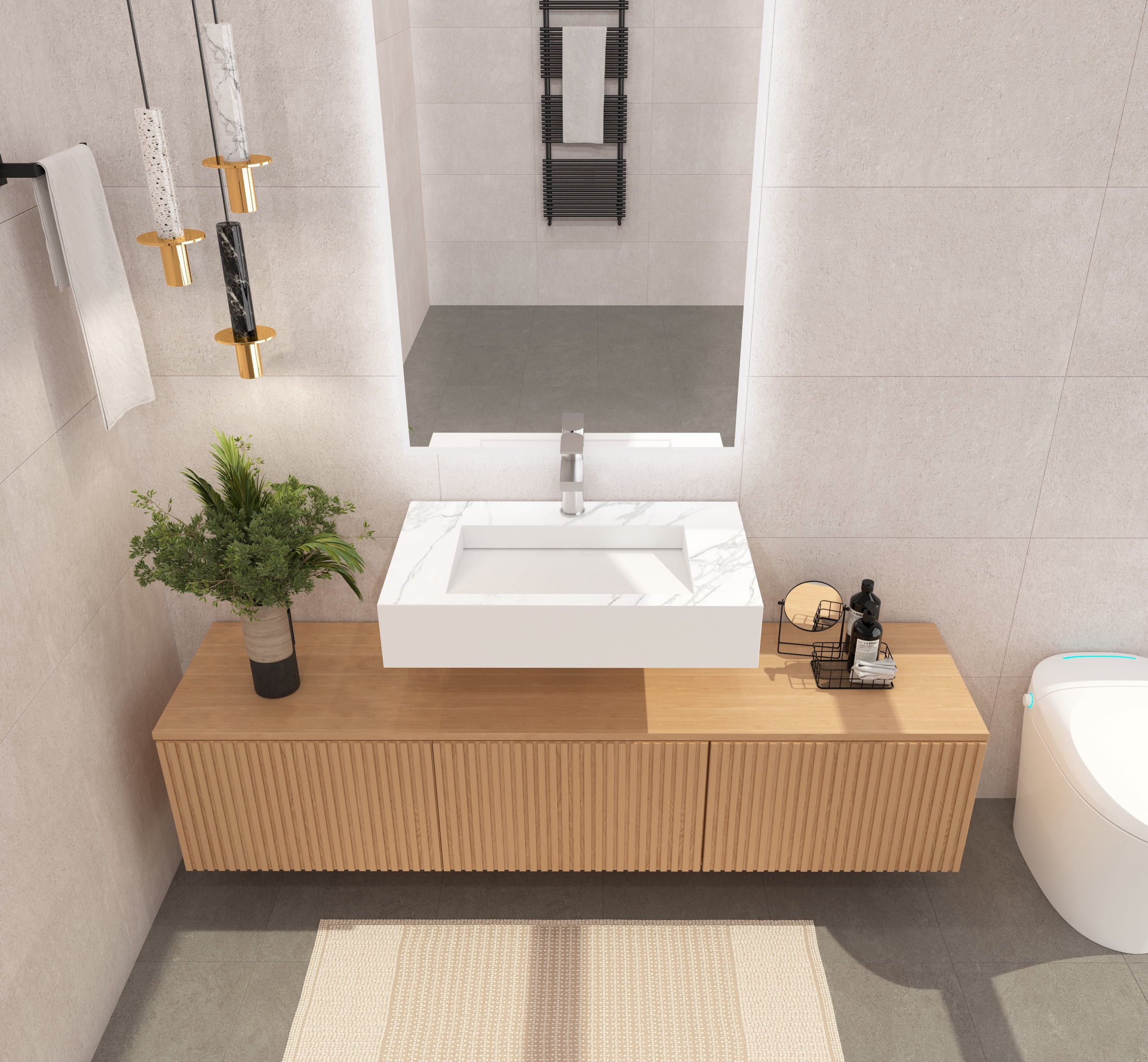 Pyramid 36" Solid Surface Manmade Stone Bathroom Sink in Marble