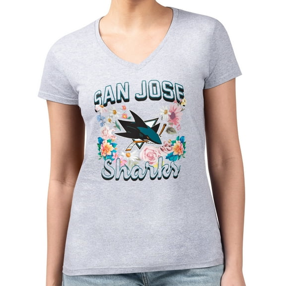 Women's G-III 4Her by Carl Banks Heather Gray San Jose Sharks Super-Slim Fit Lightweight Flower Logo V-Neck T-Shirt