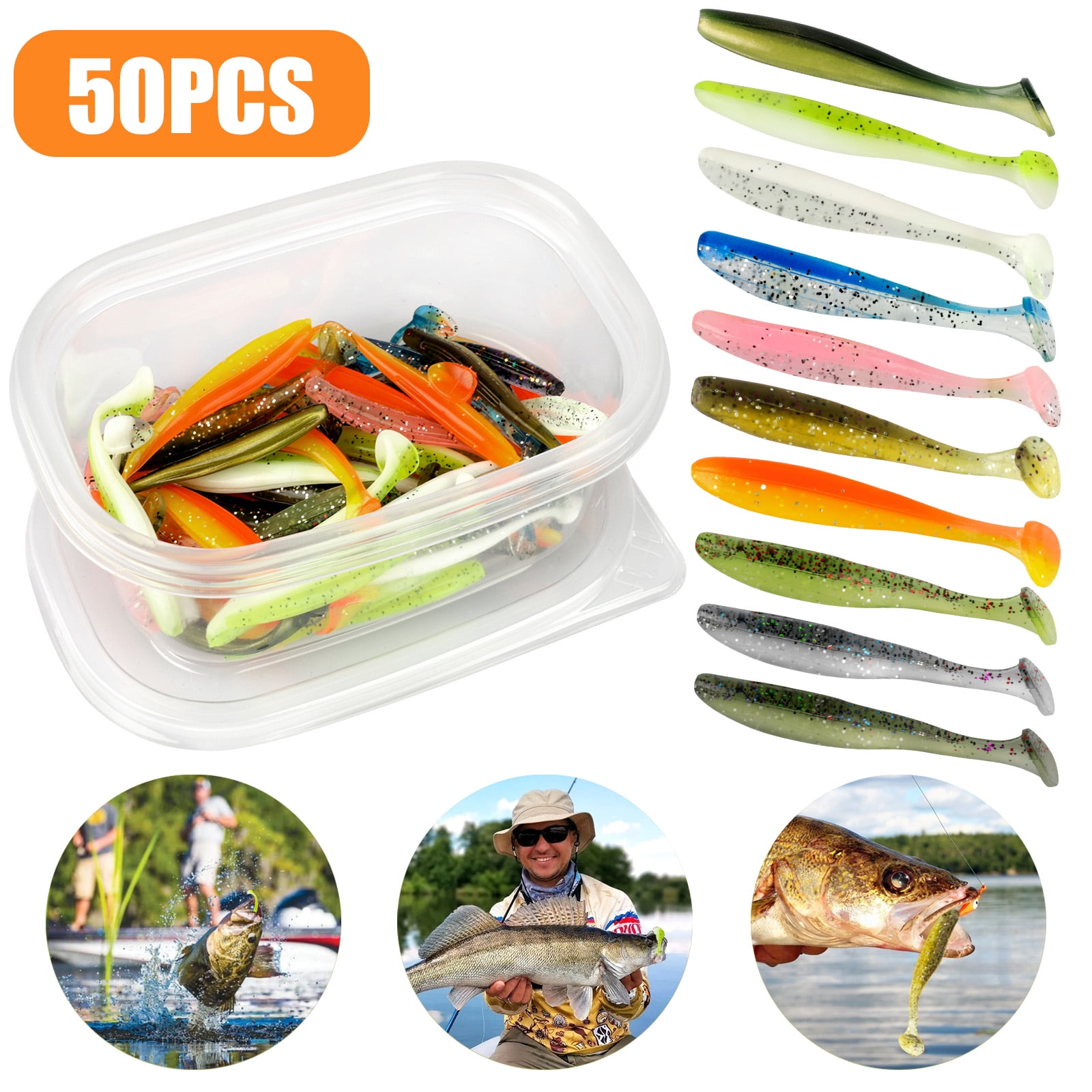50pcs Portable Soft Fishing Lures Curly Twin Tail Grub Worm Baits Hook with 