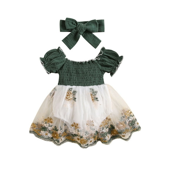Bagilaanoe Newborn Baby Girl Rompers Dress Embroidery Short Sleeve Bodysuits   Headband 3M 6M 12M 18M 24M Infant Tulle Patchwork A-line Dresses