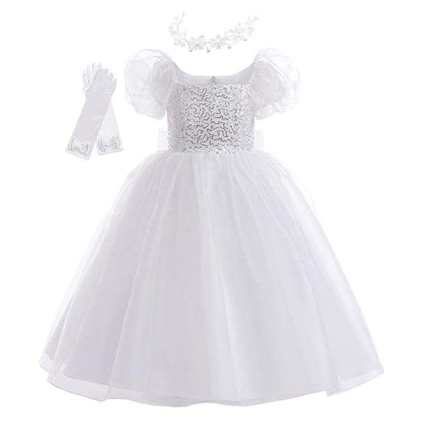 2023 niños largo blanco elegante vestido de princesa niñas flor vestido de fiesta ropa de bebé fiesta de cumpleaños boda noche niños Vestidos9-10T (etiqueta 150) Gao Jinjia LED
