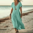 thumbnail image 2 of UVEASISHA Linen Casual Dresses for Women Flowy V Neck Short Sleeve Solid Maxi Dress 2025 Lightweight Comfy Beach Sundress Mint Green L, 2 of 6