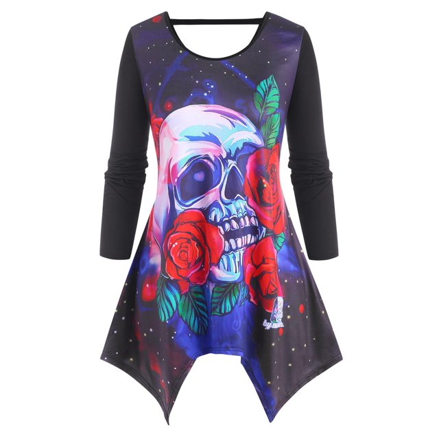 Talla grande Skull Flor Hanky Hem de manga larga camiseta Rosegal Mangas largas de talla grande