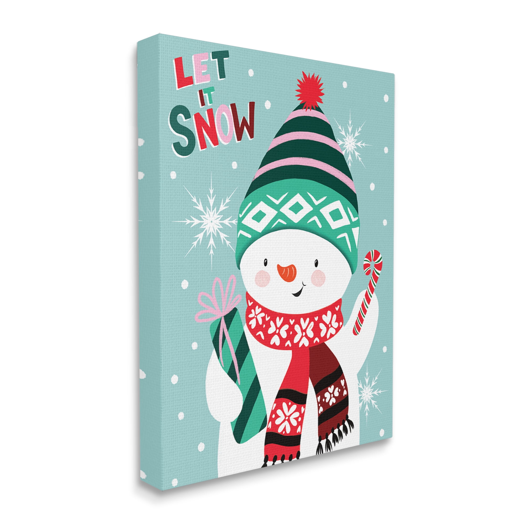 Let It Snow Jolly Snowman Candy Cane Snowflakes Inspirational Graphic Art Gallery-Wrapped Canvas Print Wall Art