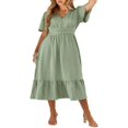 thumbnail image 4 of Femmes Été Robe Longue Couleur Unie Suisse Point V-Cou Volants Manches Courtes Robe Décontractée Robe Swing, 4 of 9