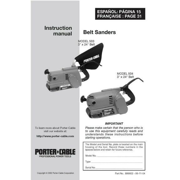 Rockwell Porter Cable 503 504 Belt Sander Owners Instruction Manual REPRINT