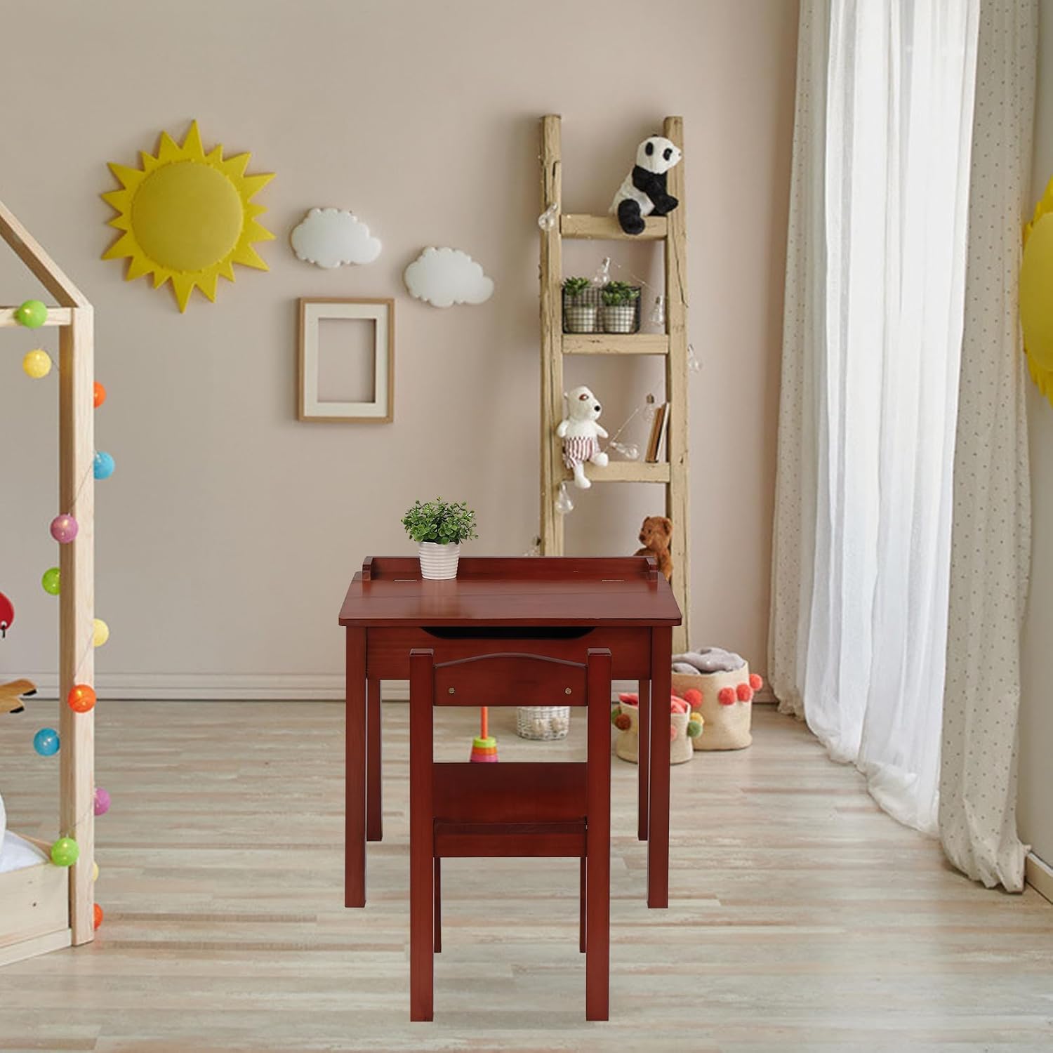 JOYMOR Kids Desk,Wooden Lift-Top Desk and Chair Set, Toddler Table and Chair with Storage for Study & Craft, Brown