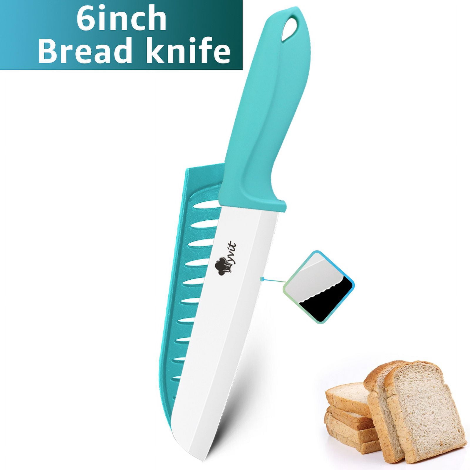 MYVIT Ceramic Knife Set for Kitchen, 11 Piece Fruit Cutting Knife Sharp Paring Knife with Blade Guards and Gift Box,3" 4" 5" Paring,6" Chef & 6" Serrated Bread Knife,Dishwasher Safe,Blue