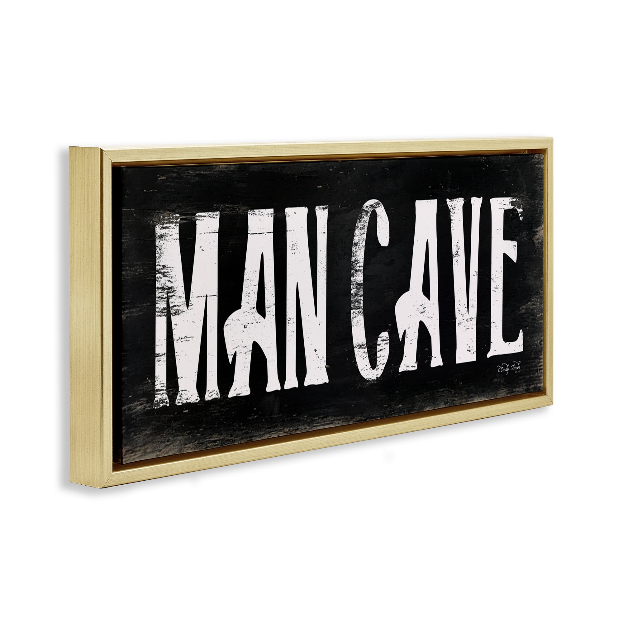 Stupell Industries Man Cave Black And White Typography Painting Gold Floater Framed Canvas Art Print Wall Art, 25 x 11