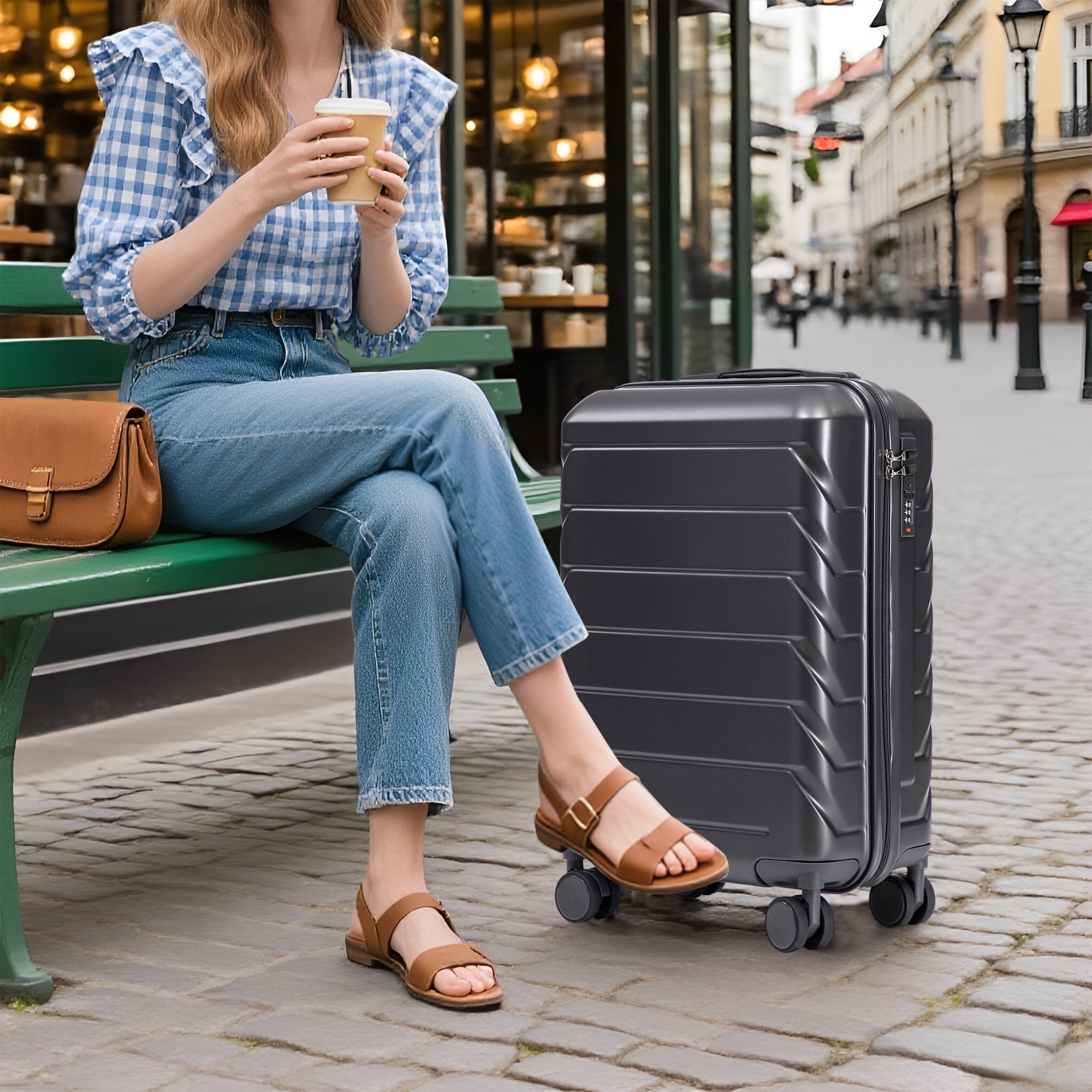 14"/20" 2 pcs/set in ABS Spinner Wheel Luggage, with Combination Lock, 14" Cosmetic Case (Dark Gray)