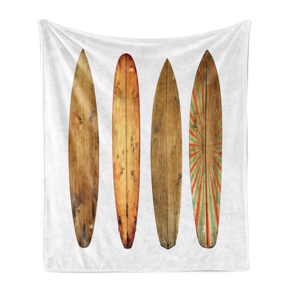 Surfboard Soft Flannel Fleece Blanket, Water Sports Associated Retro Style Vintage Wooden Isolated Surfing Objects, Cozy Plush for Indoor and Outdoor Use, 50" x 70", White Pale Brown, by Ambesonne