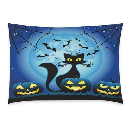 ZKGK Happy Halloween Funny Cat Pumpkin Face Home Decor Pillowcase 20 x 30 Inches,Moon Star Bat Spiderweb Blue Pillow Cover Case Shams Decorative
