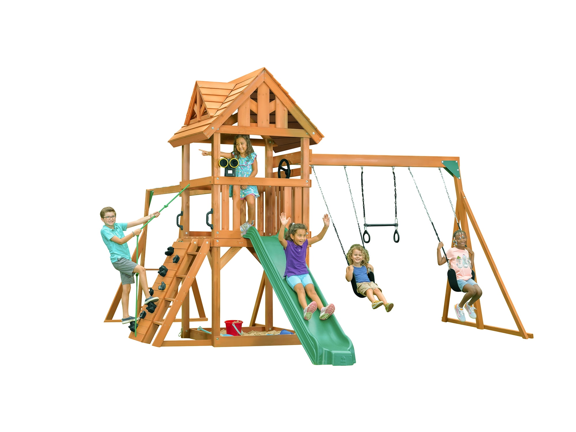 Creative Cedar Designs Mountain View Lodge Cedar Swingset with Wooden Roof, Monkey Bars, Climbing Wall & Rope, Slide, Sandbox, Belt Swings and Trapeze Creative Cedar Designs Mountain View Lodge Cedar Swingset with Wooden Roof, Monkey Bars, Climbing Wall & Rope, Slide, Sandbox, Belt Swings and Trapeze