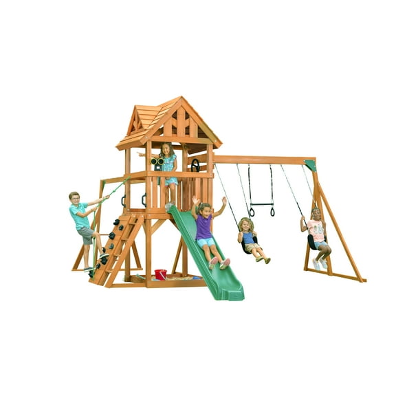 Creative Cedar Designs Mountain View Lodge Cedar Swingset with Wooden Roof, Monkey Bars, Climbing Wall & Rope, Slide, Sandbox, Belt Swings and Trapeze
