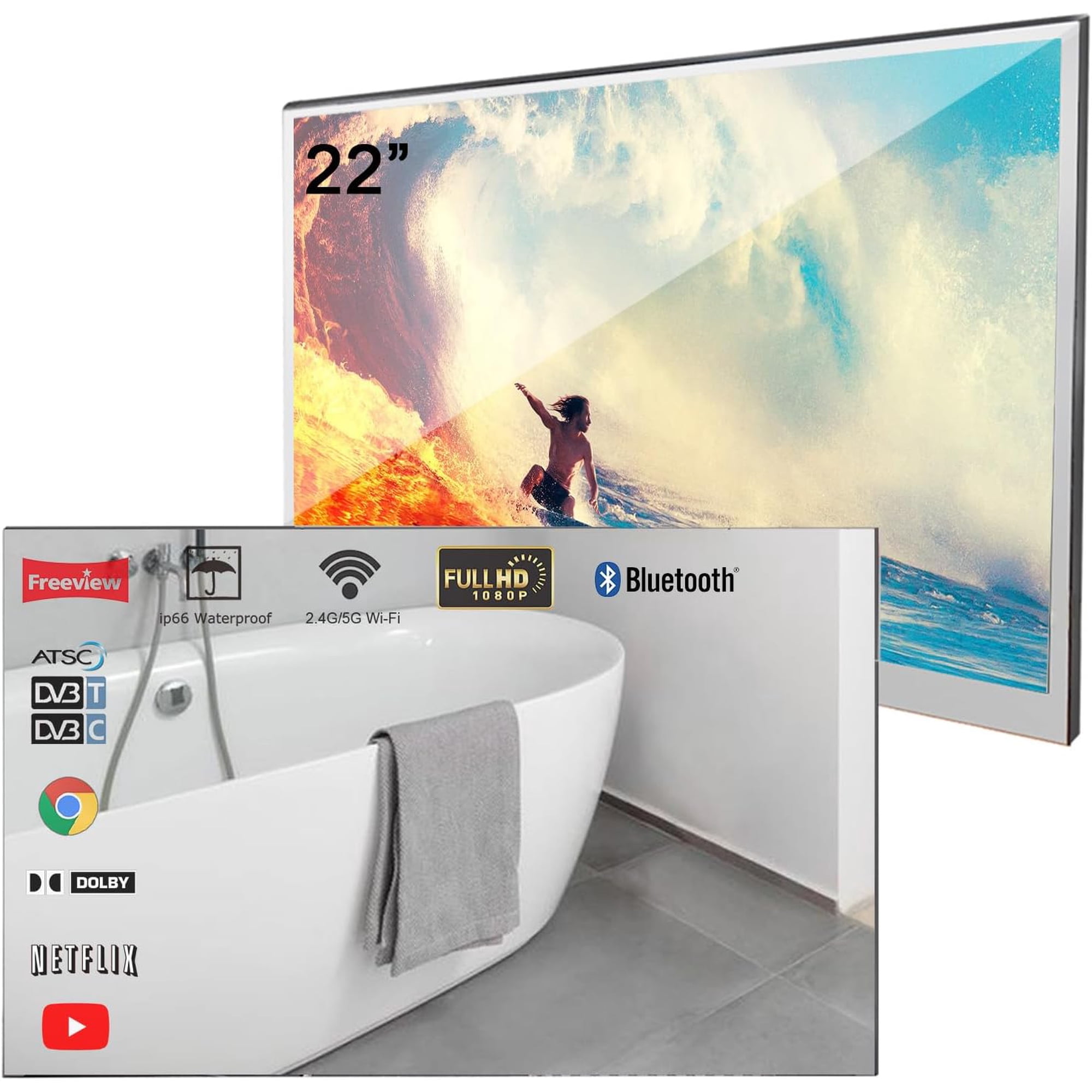 Soulaca 22 inches Magic Smart Mirror LED TV for Bathroom Waterproof Shower Television WiFi Bluetooth DTV Atsc New