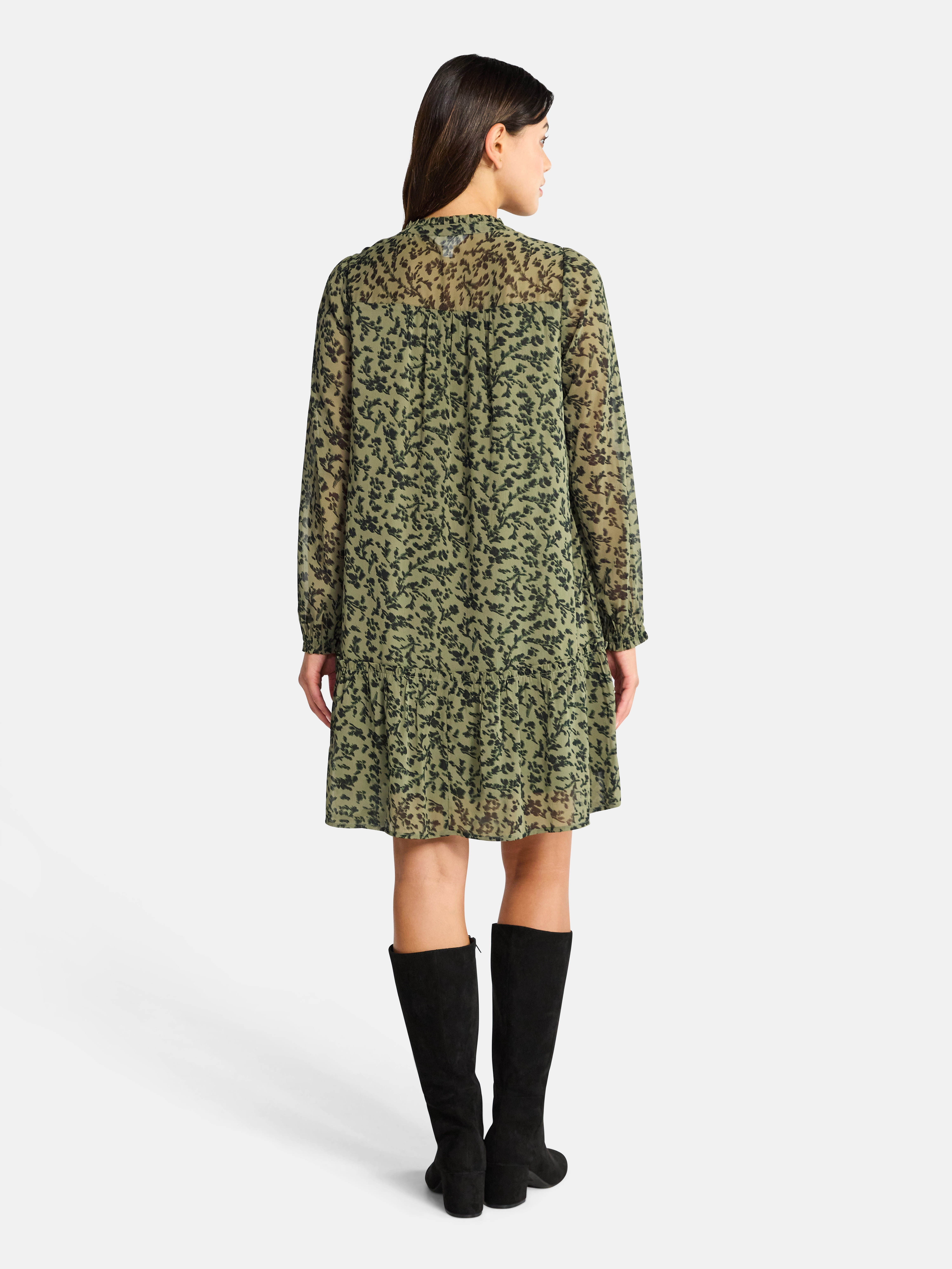 Time and Tru Women's Long Sleeve Ruched Yoke Dress, Sizes XS-XXXL