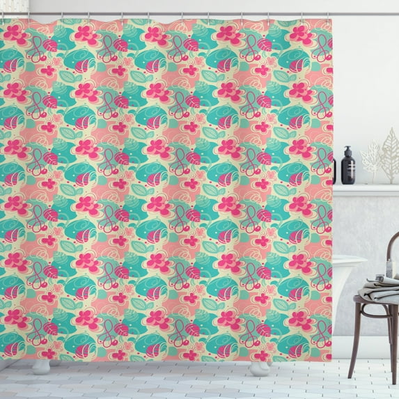 Retro Shower Curtain, Doodle Style Flowers and Foliage Leaves with Hand Drawn Swirls and Circles Background, Fabric Bathroom Set with Hooks, 69W X 84L Inches Extra Long, Multicolor, by Ambesonne