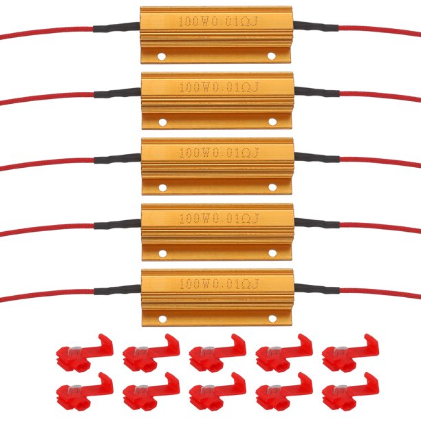 Uxcell 100W 0.01 Ohm Resistencias de Carga de Aluminio Reemplazo Automotriz con Clips de Cable Rápido para Arreglar Luz de Señal LED Parpadeante Bombilla LED Dorada 5pcs