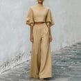 thumbnail image 4 of Womens Casual Two Piece Outfit High Neck Puff Sleeve Crop Top High Waist Wide Leg Pants Textured Casual Set Khaki L(L), 4 of 8