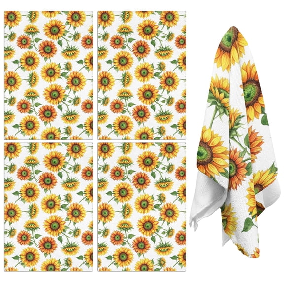 4 Pcs Sunflower and Bud White Pattern Funny Kitchen Towels, Microfiber Dish Towels, Kitchen Tea Towels Set 18" X 26"