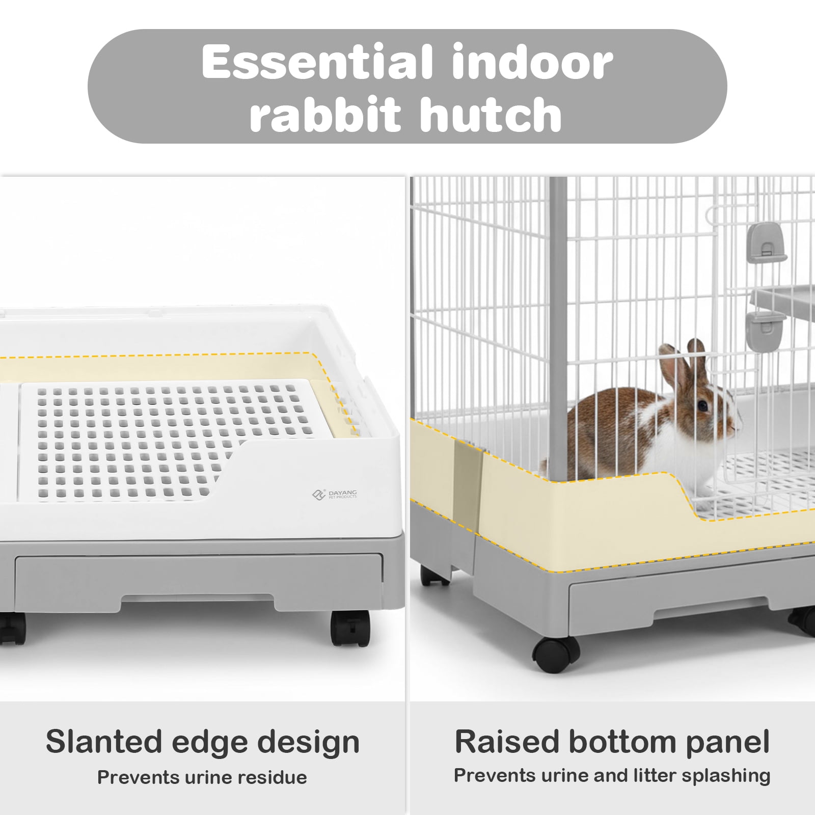 golytefs Gravity Lock Rabbit Cage with Pull Out Tray Wheeled Bunny Hutch Cage (Grey)