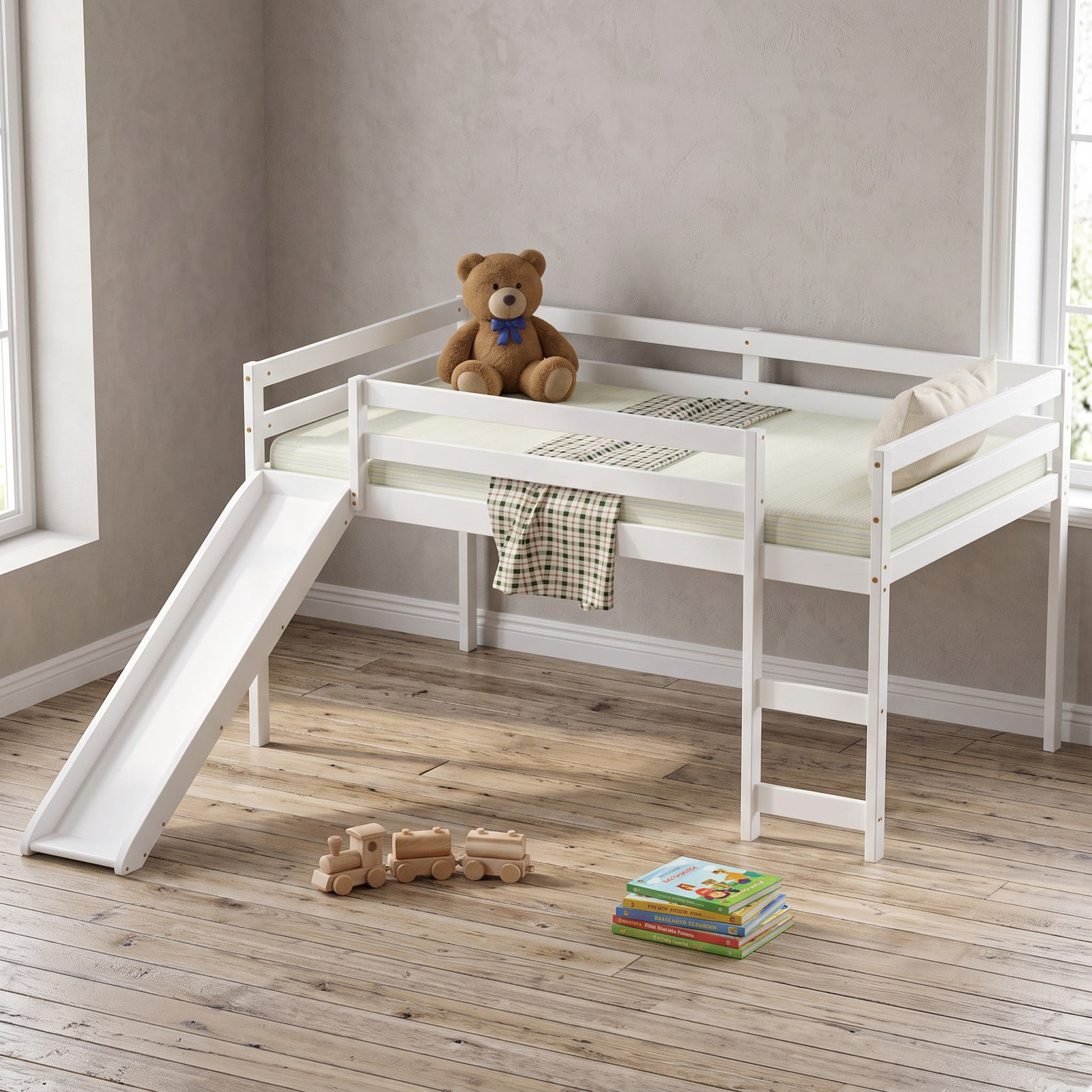 Furnibear Twin Size Low Loft Bed with Slide and Ladder for Kids Bedroom, Sturdy Wood Loft Bed Frame with Guardrails, Space-Saving, White