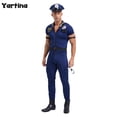 thumbnail image 2 of Uniformes de policía sucios para hombre, uniformes de policía, disfraces de cosplay de policía, mono con cremallera frontal, sombrero, cinturón, esposas, insignia, 2 of 5