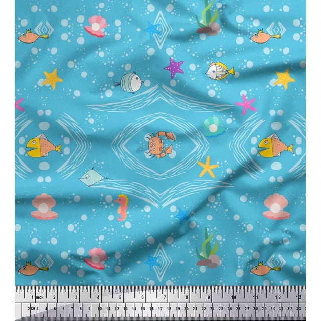 Soimoi Georgette Viscose Fabric Fish,Shell & Starfish Ocean Printed Craft Fabric by The Yard 42 Inch Wide