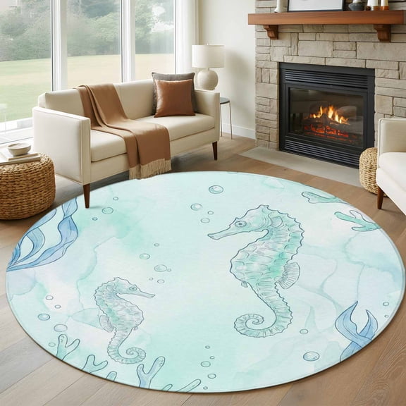 Teal Blue Seahorse Coastal Round Area Rug 5Ft Washable Circle Rugs for Living Room Bedroom, Beach Watercolor Sea Ocean Nautical Non-Slip Carpet Floor Mats Indoor Outdoor Carpet Runner Home Decor