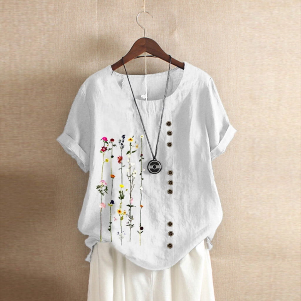 Embroidered Flower Neckline White Short Sleeve Shirt Womens