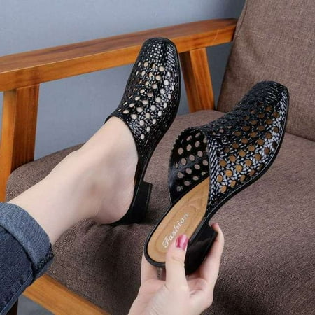 

2022 Beach Shoes Slippers Soft Women s Sandals Hollow Out Mid Heels Korea Style Footwear Antiskid BLACK APRICOT RED Dropshipping