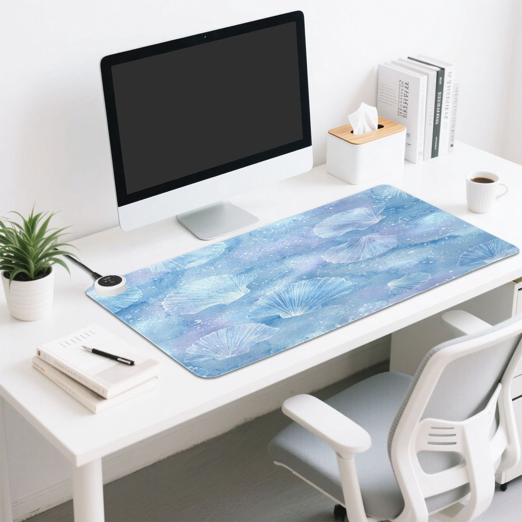 Large Heated Desk Mat Mouse Pad 31.5"x13"PU Leather Graphene Heating Desk Warmer with 3 Temperature Settings 110V US Plug Non-Slip Warm Pad for Home, Office, and Gaming Blue Sea Shell Pattern