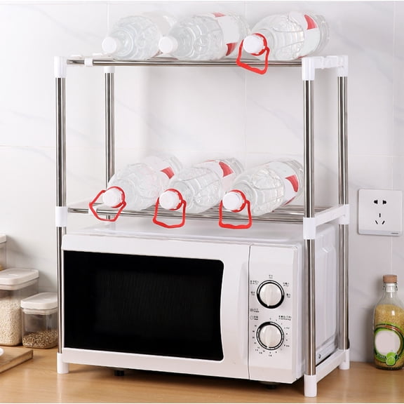 YIMWNYI Expandable Microwave Rack for Kitchen, Stainless Steel Countertop Organizer with 2 Hooks, Adjustable Length, Easy Install & Clean, Space-Saving Storage Shelf for Utensils and Tableware