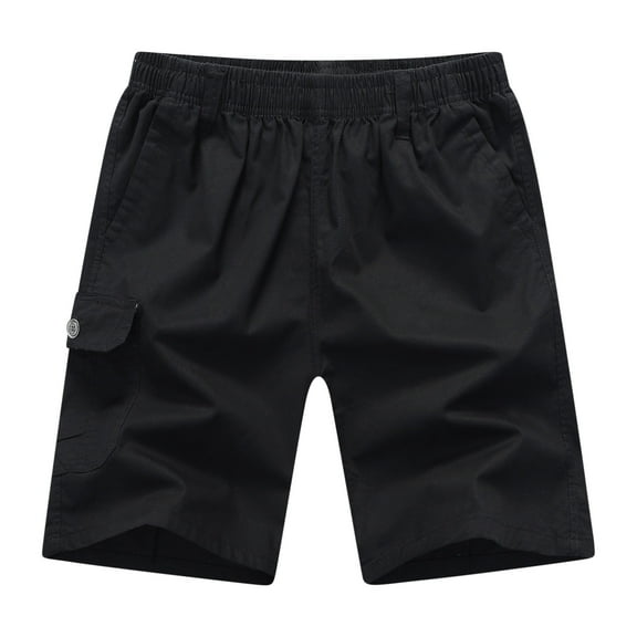 Men's Solid Color Workwear Shorts Outdoor Casual Elastic Waist Straight Shorts with Multi Pocket