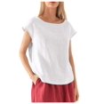 thumbnail image 1 of JUNWELL Lin à la Mode des Femmes Casual Ample Mode à Manches Courtes T-shirt Couleur Unie Col Rond Top, 1 of 7