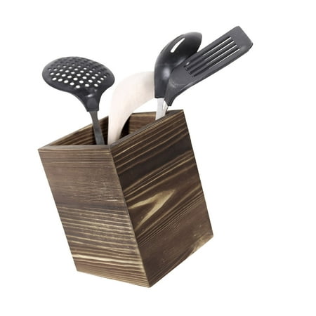 Rustic Torched Wood Kitchen Utensil Holder, Counter Top Cooking Tools Cup,