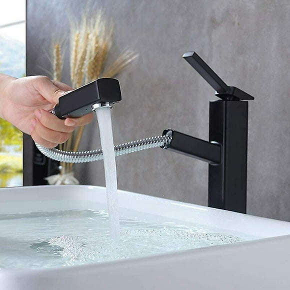 Kitchen Faucet Tall Pull Out Bathroom Sink Faucet Black, Single Hole Basin Faucet With Pull Out Sprayer, Single Handle Utility Mixer Tap With Swivel S