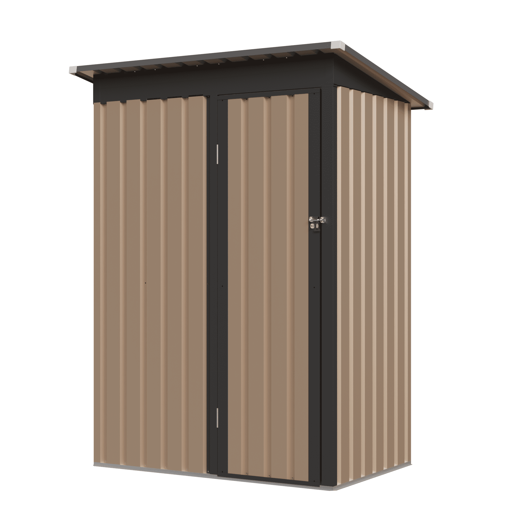 Mintazer 4.3x2.4 ft Pent Sloped Roof Narrow Outdoor Galvanized Metal Storage Shed with Lockable Single Door & Removable Storage Shelf, Weatherproof Garden Tool Storage Cabinet for Backyard, Brown
