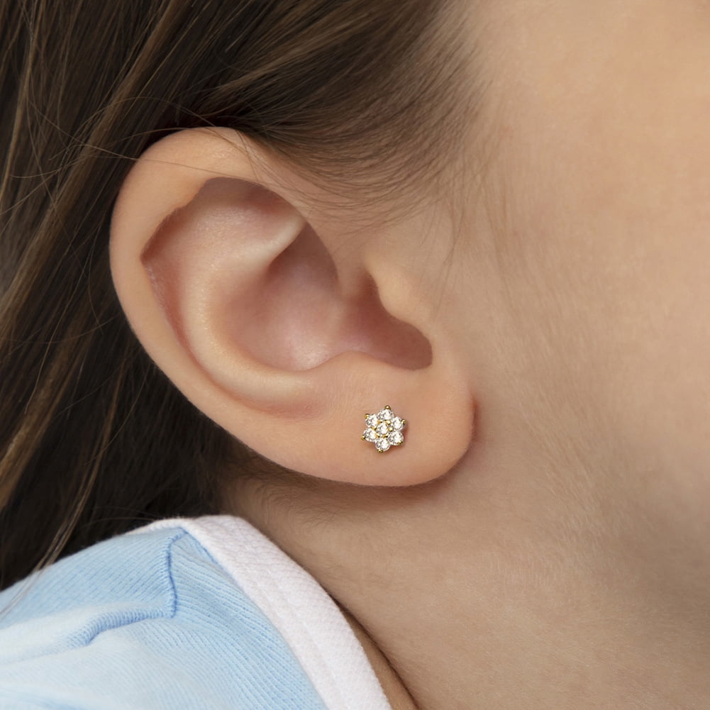 Flower CZ Clear Kids Earrings Screw Back - Sterling Silver Gold Plated